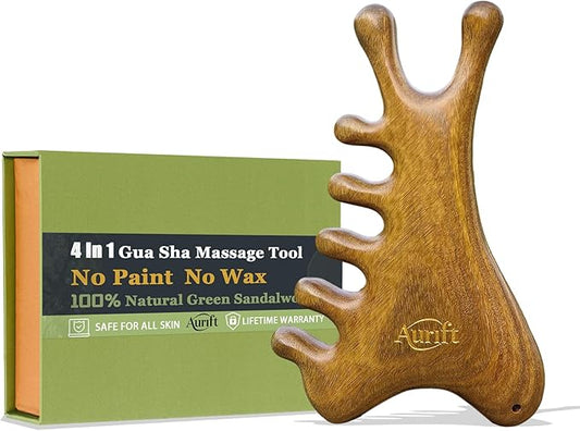 Gua Sha Tool for Face & Body, Christmas Gifts for Womon, 4 in 1 Sandalwood Guasha, Lymphatic Drainage,Jaw Lifting & Nose Sculpting, Head Massage Comb for Stress Relief,Home Office Self Care