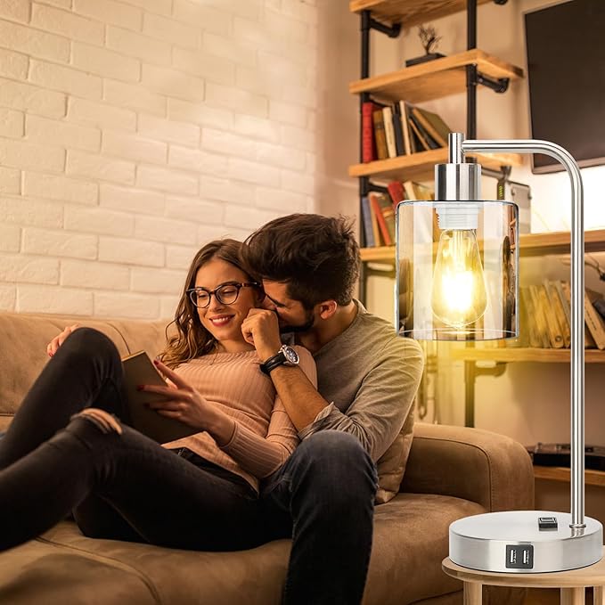Industrial Touch Control Table Lamps Set of 2 - Brushed Nickel Nightstand Bedside Lamps with 2 USB Ports & AC Outlet, 3-Way Dimmable Desk Lamp for Bedroom Living Room, Glass Shade & LED Bulbs Included