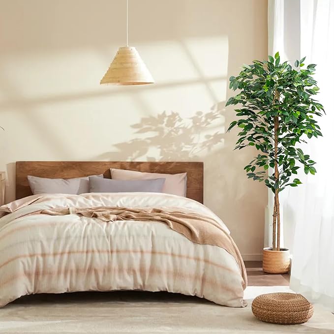 1Pack 5FT Artificial Ficus Tree with Realistic Leaves and Natural Trunk, Faux Ficus Tree with Sturdy Plastic Nursery Pot, Fake Ficus Tree for Office Home Farmhouse for Indoor Outdoor Decor