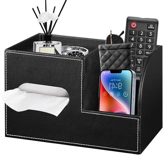 Leather Square Tissue Box Cover with Storage Tray,Cube Tissue Box Holder,Modern Facial Paper Organizer with Remote Control Holder for Bathroom,Vanity Countertop,End Table NightStand Home Office.Black