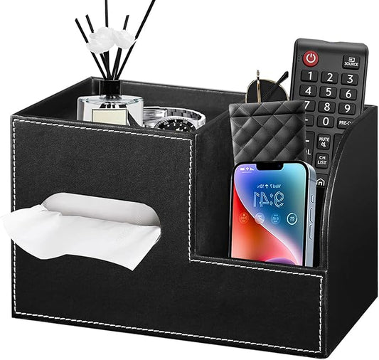 Leather Square Tissue Box Cover with Storage Tray,Cube Tissue Box Holder,Modern Facial Paper Organizer with Remote Control Holder for Bathroom,Vanity Countertop,End Table NightStand Home Office.Black