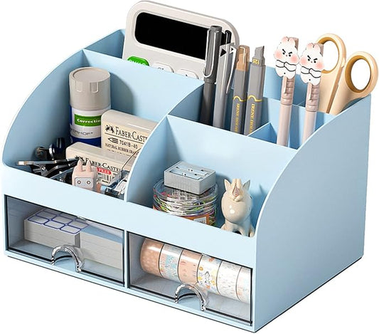 Desk Organizer with 6 Compartments and 2 Drawers, Plastic Makeup Organizer, Pen Holder for Desktop Storage, Desk Organization for School, Home, Office Supplies (Blue)