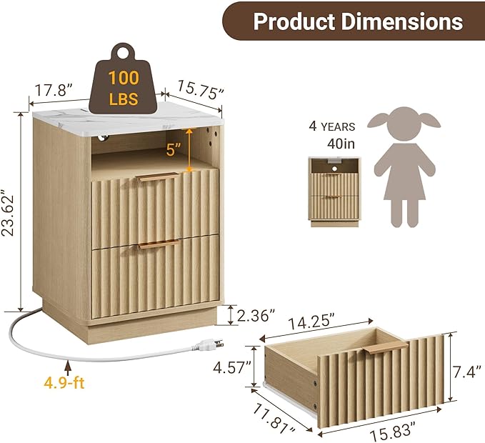 Fluted Nightstand Set of 2 with Charging Station, 18" Modern Night Stand with Faux Marble Top, 2 Drawers End Table with Storage for Bedroom Living Room, Curved Profile Design (Natural Oak)