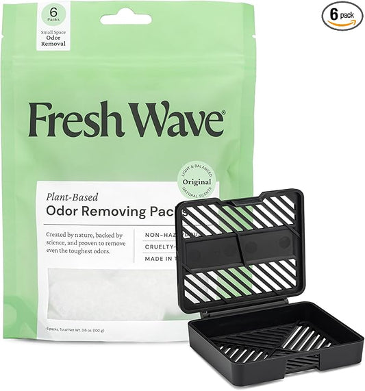 Fresh Wave Original Odor Eliminating & Deodorizing Packs - Bag of 6 & Fresh Pod Case - Safer Odor Relief for Small Spaces, Natural Plant-Based Odor Eliminator, Odor Absorbers for Home