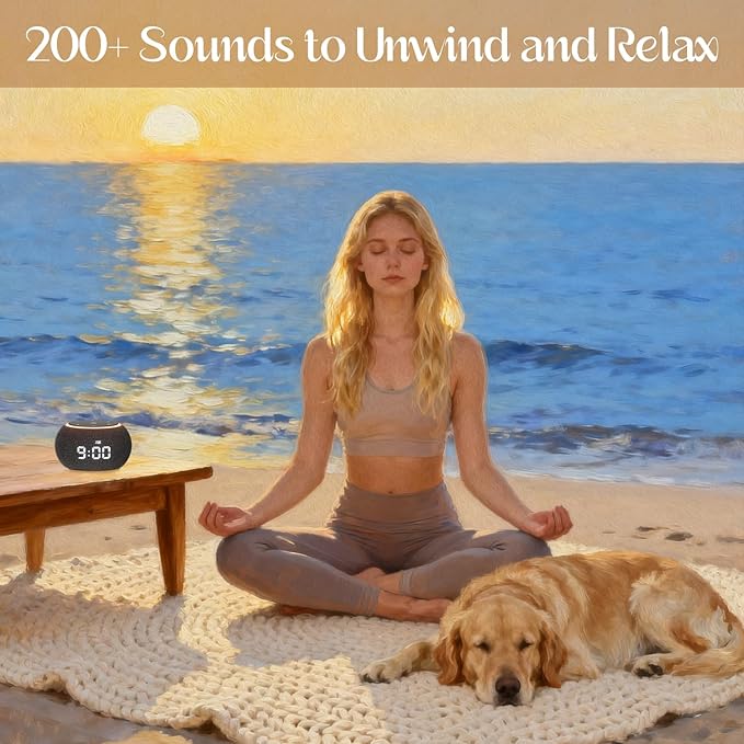 White Noise Sound Machine for Sleep, Dual-Stage Alarm, Snooze, Smart App Control, Custom Buttons, 507 Non Looping Soothing Sounds, Dimmable Clock, Timer, Night Light, for Baby Adults Kids Black