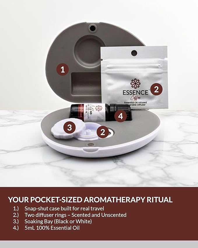 Essence Pearl Travel Case - Wearable Aromatherapy Kit with Nasal Diffuser Rings, Soaking Bay, and 5mL Essential Oil – Portable Wellness Gift Set for On?The?Go Self Care