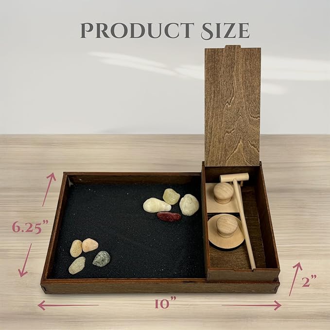 Wooden Zen Garden with Accessories Box | Moonless Night Black Sand with Rake & Accessories | Minimalist Decor Gift for Relaxation | Great for Storing Tools and Other Items