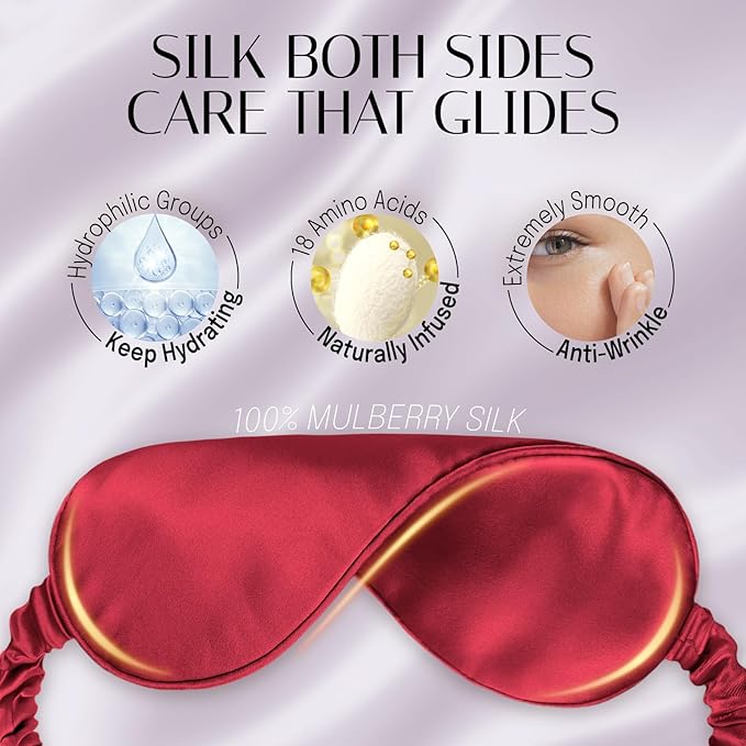 OLESILK Silk Sleep Mask Eye Mask Blindfold with Double Layer Silk Filling and Elastic Strap for Full Night's Sleep, Travel and Nap, Soft Eye Cover Eyeshade with Luxury Bag and Ear Plugs, Red