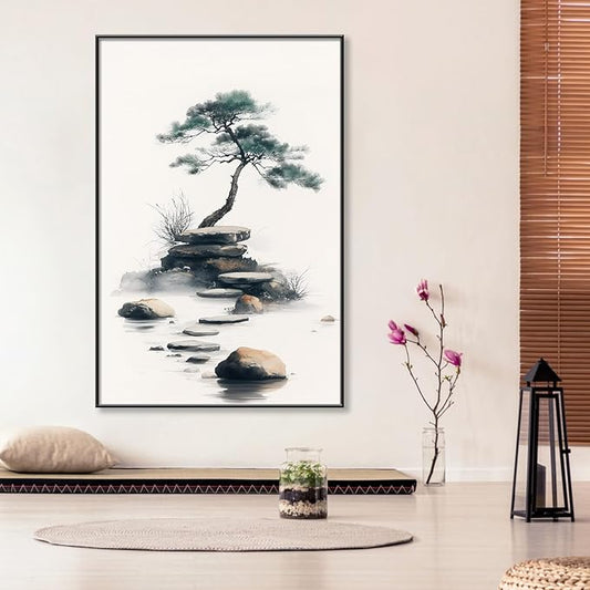 Zen Garden Canvas Wall Art, Zen Stone Canvas Wall Art, Zen Pictures Wall Art, Japanese Canvas Wall Art, Meditation Wall Art, Framed Canvas Print, Wall Art for Living Room, Zen Room (Black Framed, 39"x59"|100x150cm)