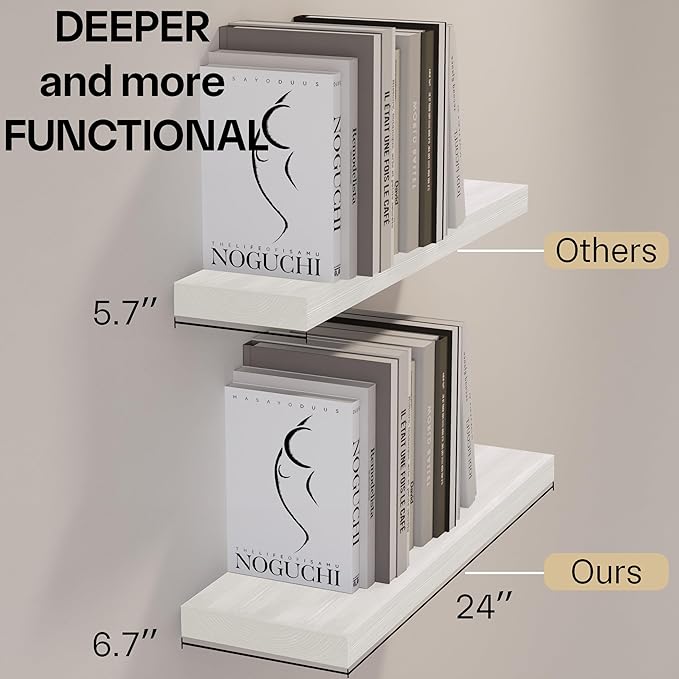 BGMG Wood Floating Shelves 24 inch Long,Rustic Solid Wooden Deep Wall Shelves for Bathroom Living Room Bedroom Kitchen Farmhouse Set of 2-24x6.7x1.25 inch-White