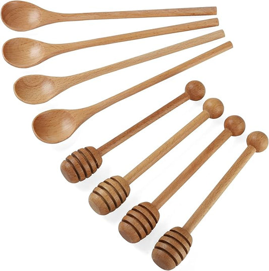 4 PCS 6 Inch Honey Dipper Sticks and 4 PCS 7.87 Inch Coffee Stirring Spoons, Beech Wooden Honey Spoon Stirrer for Honey Jar Dispense Drizzle Honey and Wedding Party Gift