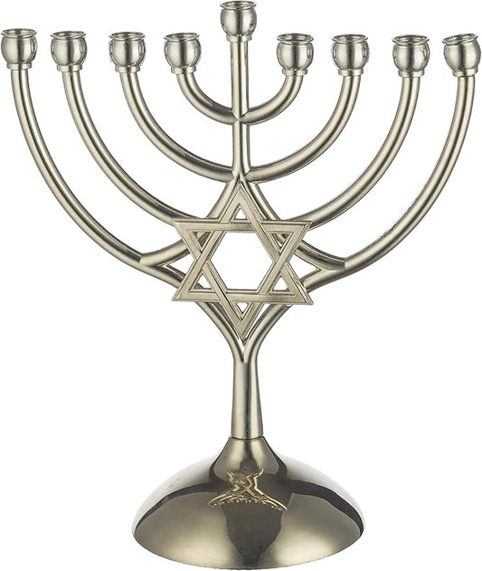 9 Branch Metal Menorah: Modern, Elegant Jewish Hanukkah Replica Candelabra Candleholder Stand, Silver 7 * 6.3" Magen David