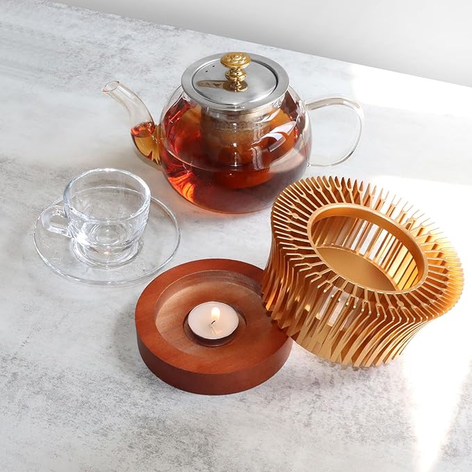Tea Warmer with Magnolia Flower Design, JUKFITA Golden Aluminum Alloy & Wood Teapot Warmer, Tall