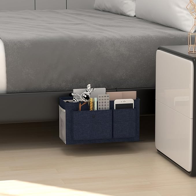 Bedside Caddy Bedside Organizer with Fixed Straps & Water Bottle Holder, Bunk Bed Caddy ideal for Home, Dorm, Hospital, Crib, Versatile Bedside Storage Solution (Navy)