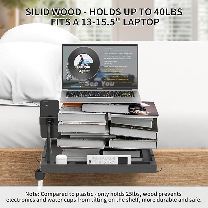 Bedside Shelf with Phone Holder for Bed, ‎Bamboo Bed Shelf Organizer for Top Bunk, Clip on Nightstand for College Dorm Loft Bed, Bedside Tray for Kids, Built Earphones & Tablet Slot