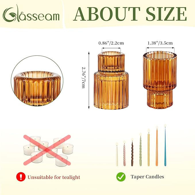Glasseam Glass Tapered Candlestick Holders: Amber Taper Candle Holders Set of 2 Ribbed Small Candle Stick Holder for Table Centerpiece Fall for Christmas Party Halloween Thanksgiving Decor