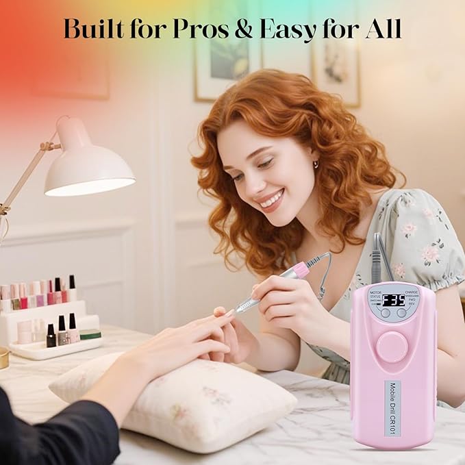 Professional Nail Drill Electric File:COYZU 35000RPM Portable Cordless Nail Drill Machine with Bits, Rechargeable E File for Acrylic & Gel Nails, Manicure & Pedicure Tech Tool for Home Salon, Pink