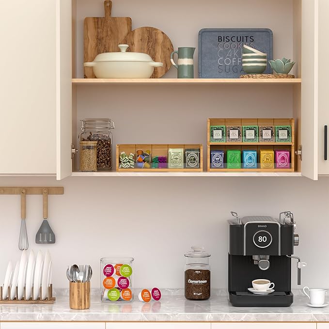 X-cosrack Bamboo Tea Bag Organizer Storage Box, 2-Tier Stackable Tea Box for Countertop, Wall Mount Tea Bag Holder, Tea Storage Chest Natural Wood for Office Kitchen Cabinet Pantry