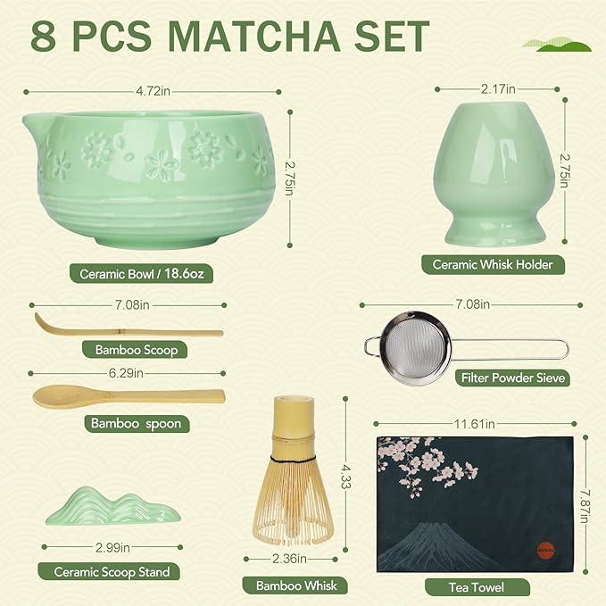 Matcha Whisk Set, Ceramic Bowl with Spout, Bamboo Matcha Whisk & Spoon, Chasen Holder, Scoop Rest, Sifter, 8-Pcs Japanese Matcha Powder Kit–Gift for Ceremony & Matcha Lovers-Mint