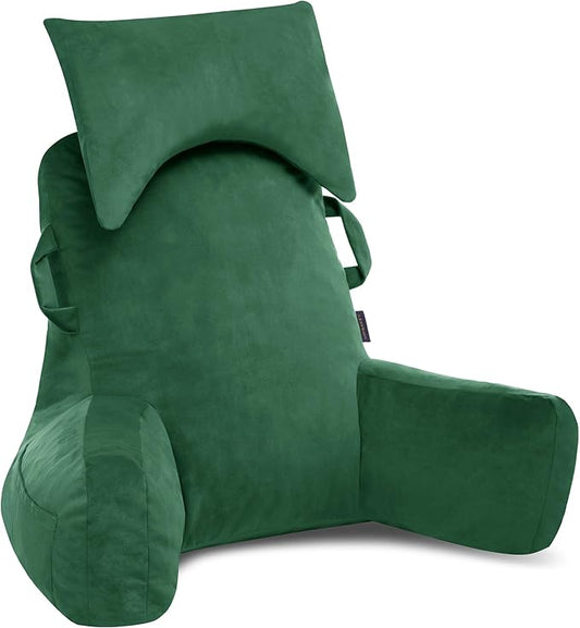 Portable Reading Pillows with Headrest for Bed Sitting Up(Green Oeko-Tex), Velvet Back Pillow with Arms & Pockets for Adults, Support Memory Foam Bed Pillow for Dorm/Reading/Watching/Gaming