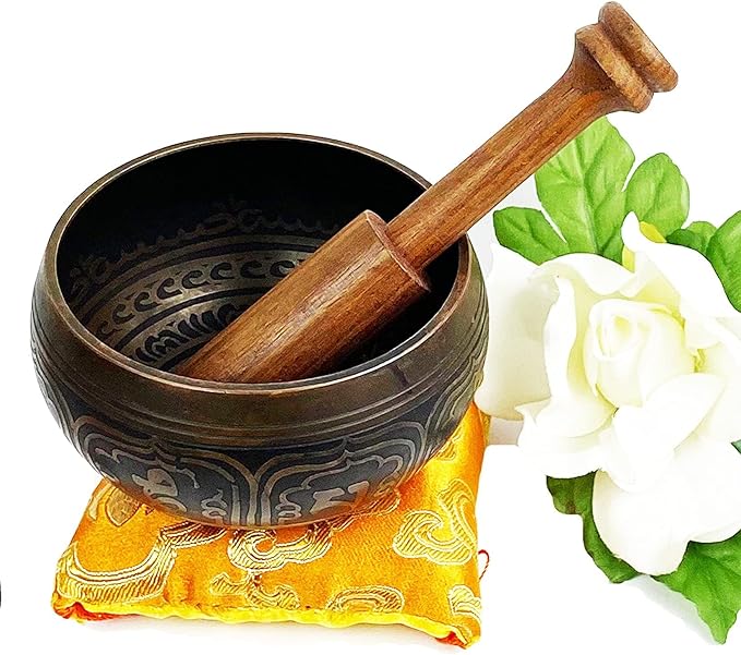 3380 SB Tibetan Auspicious Symbol Singing Bowl Set ~ Mallet Cushion Meditation Chakra Healing Prayer Yoga Mindfulness (SB-3380-G)