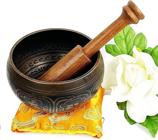3380 SB Tibetan Auspicious Symbol Singing Bowl Set ~ Mallet Cushion Meditation Chakra Healing Prayer Yoga Mindfulness (SB-3380-G)