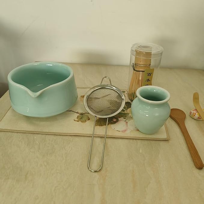 Ceramic Matcha Whisk Set, Complete Matcha Set-8PCS for Ceremonial Grade Matcha, Tea Gifts for Tea Lovers for Christmas, Birthday, Halloween (Emerald)