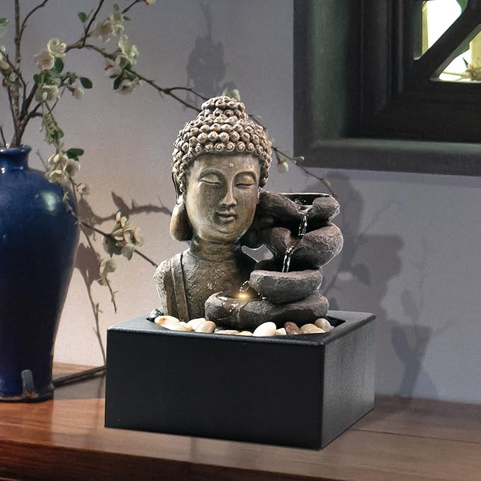 Ferrisland Tabletop Waterfall Fountain Indoor - Buddha Water Fountains 4-Tier Tabletop Waterfall of Zen Meditation Buddha Fountain with LED Warm Light for Office Home and Bedroom Desktop Decor