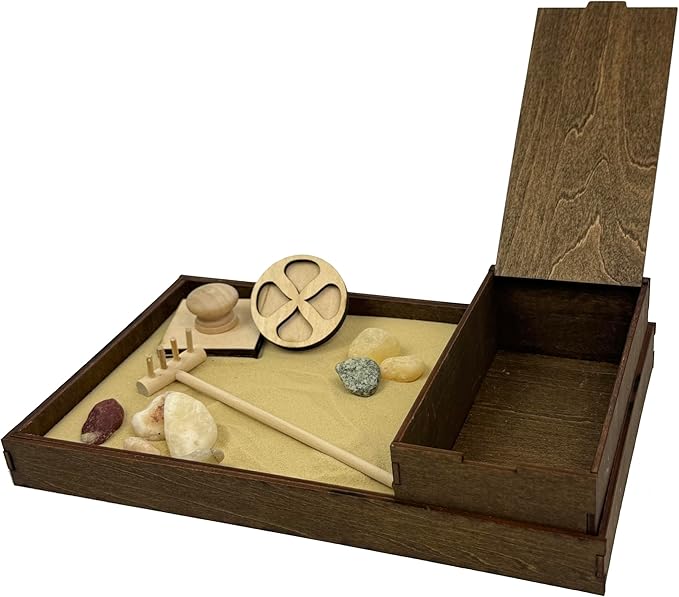 Wooden Zen Garden with Storage Box | Desert Luxe Sand with Rake & Accessories | Minimalist Decor Gift for Relaxation