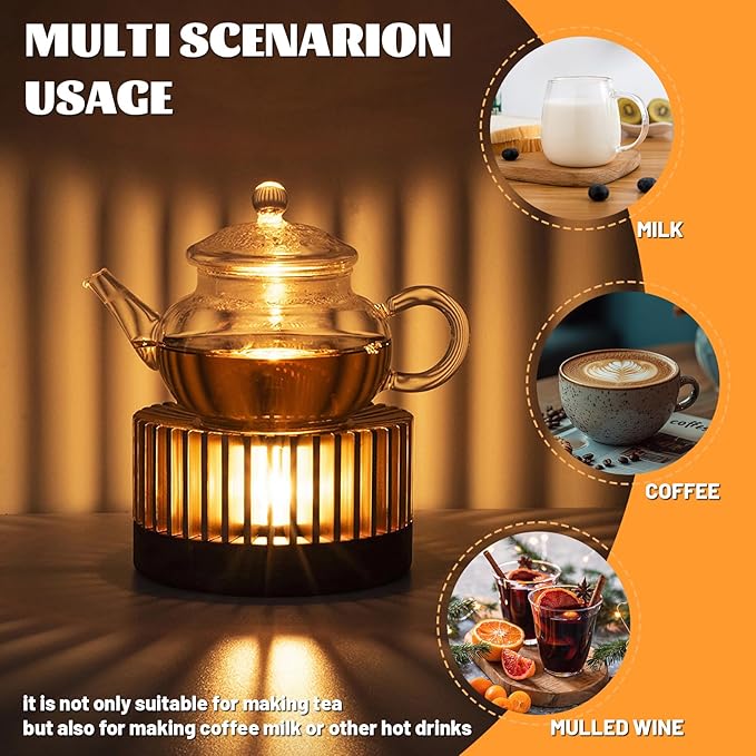 Inmorven Teapot Warmer, Aluminum Tea Warmer with Wooden Base, Candle Heater for Heating Tea, Coffee, Milk, Food,Camping and Traveling, Suitable for All Teapots
