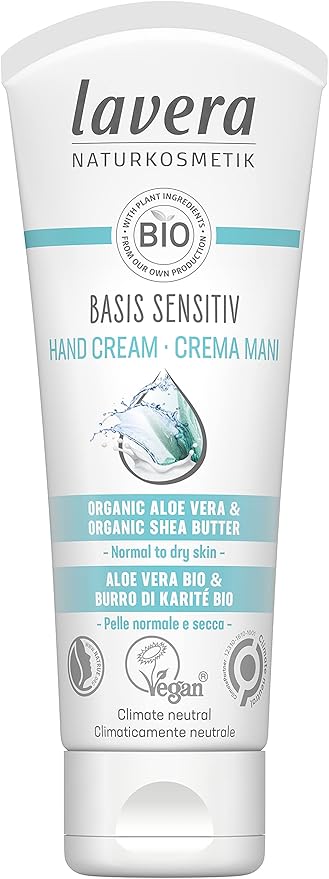 lavera Basis Sensitive Hand Cream - Hand Lotion with Aloe Vera & Shea Butter for Smooth Hands - Intensive & Moisturizing Care - PETA Certified - Vegan - Made in Germany - 2.5 Fl Oz