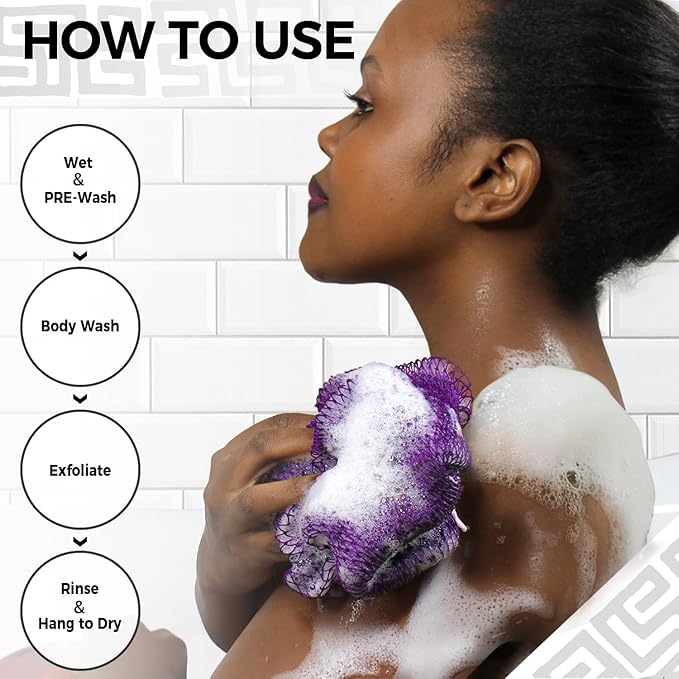 African Net Sponge Authentic - 2 Pieces Exfoliating Body Scrubber Bath Sponge - Back Scrubber Washcloth for Shower White&Purple - Real African Scrub Exfoliator Body Care Bathing Accessorie