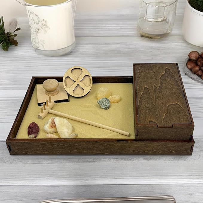 Wooden Zen Garden with Storage Box | Desert Luxe Sand with Rake & Accessories | Minimalist Decor Gift for Relaxation