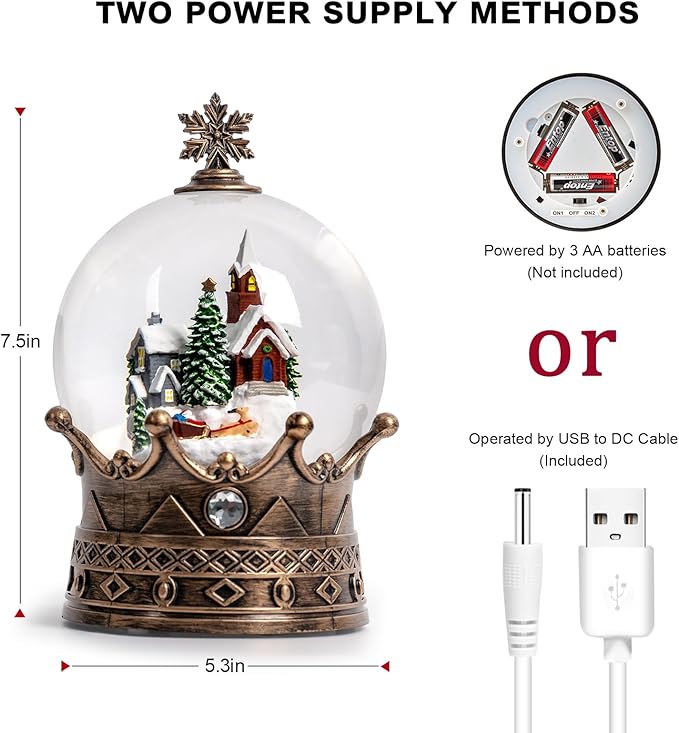 Christmas Village Snow Globe, Lighted Village Church and Santa Musical Crown Water Lantern in Swirling Glitter, Christmas Home Decoration and Gift, Battery Operated or USB Powered