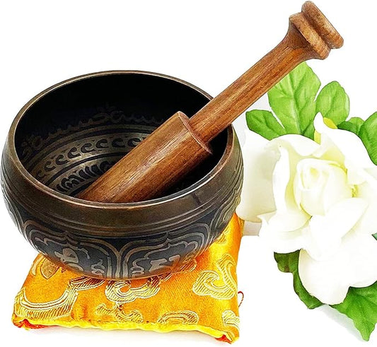3376 SB Tibetan Auspicious Symbol Singing Bowl Set ~ Mallet Cushion Meditation Chakra Healing Prayer Yoga Mindfulness (SB-3376-E)