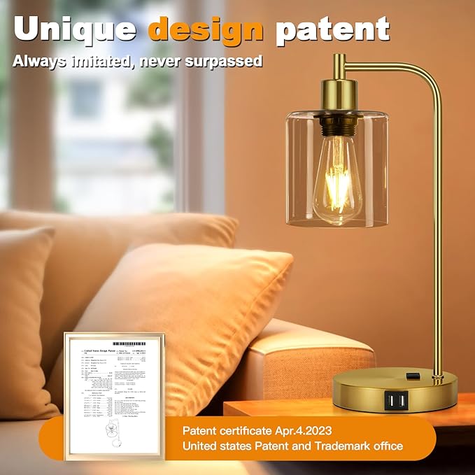 Set of 2 Industrial Touch Control Table Lamps with 2 USB Ports and AC Outlet - 3-Way Dimmable Gold Bedside Lamp Nightstand Desk Lamps for Bedroom Living Room, Amber Glass Shade & 2 LED Bulbs Included