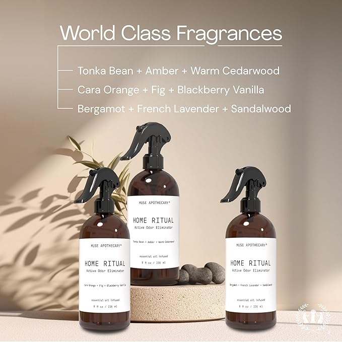 Muse Apothecary Home Ritual Active Odor Eliminator Spray - Furniture Deodorizer Spray & Bathroom Odor Eliminator for Home - Essential Oil Air Freshener - 4oz, Tonka Bean + Amber + Warm Cedarwood