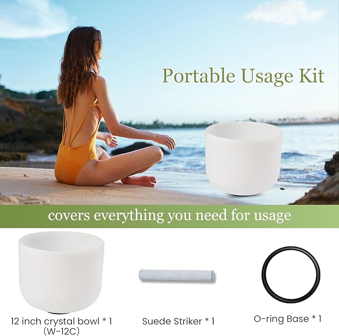 432HZ 12 Inchs Frosted Crystal Singing Bowl Set for Meditation Healing Yoga Chakra Quartz Crystal Sound Bowls with Heavy Duty Carry Case and Rubber Mallet,Suede Striker,O-rings