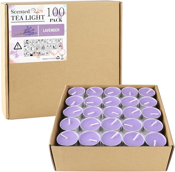 Purple Scented Tealight Candles - 100 Pack Votive Candles Bulk - Lavender Fragrance Tea Light Candle Gift Set for Holiday, Wedding and Home - 4 Hour