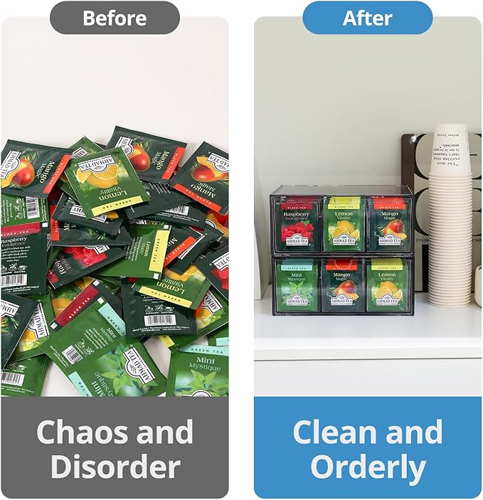 2 Large Acrylic Tea Bag Organizer, 9 Grids Tea Organizers and Storage with Acrylic Drawers Stackable, Teabag Holder Organizer for Counter Countertop Kitchen Cabinet