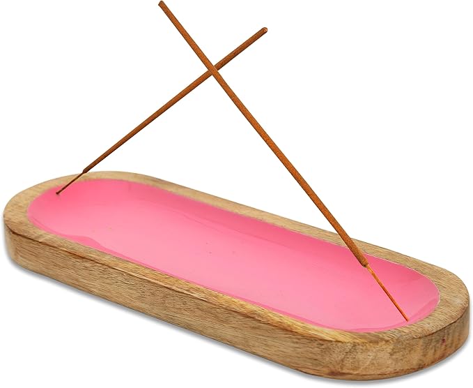 Hand Painted Pink Incense Holder-Incense Burner/Ash Catcher/Handmade Wooden Insence Tray – Modern Gift Home/Room/Kitchen Décor Size 11x4x1.2 Inches