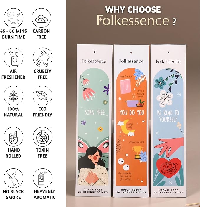 Folkulture Incense Sticks for Home | Set of 6 (120 Organic Sticks) for Relaxation | Green Tea, Rose and Geranium, Natural and Non Toxic | Organic and Slow Burning Inscents for Gifts for Her