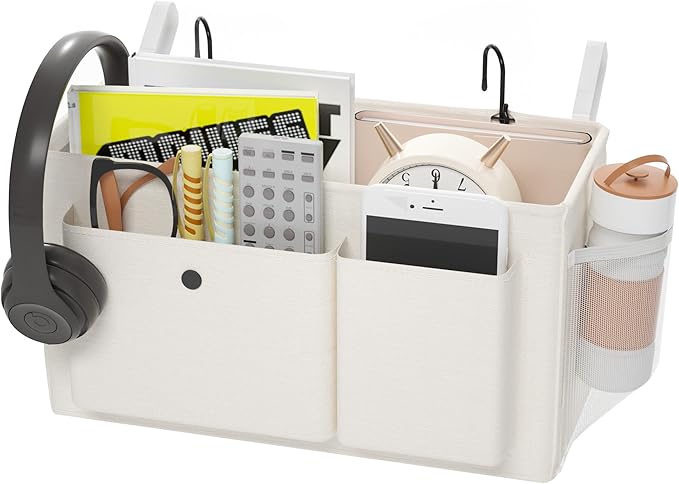 Bedside Caddy Bedside Organizer with Fixed Straps & Water Bottle Holder, Bunk Bed Caddy ideal for Home, Dorm, Hospital, Crib, Versatile Bedside Storage Solution (White)