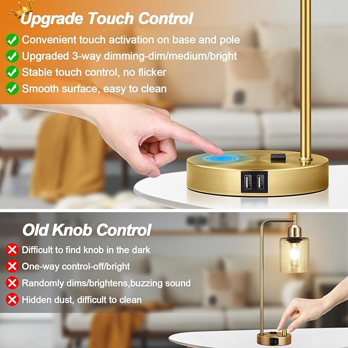 Industrial Touch Table Lamps Set of 2-2 USB Ports & AC Outlet Nightstand Lamps, 3-Way Dimmable Bedside Desk Lamp for Living Room Bedroom, Glass Shade & 2 LED Bulbs Included - Brass