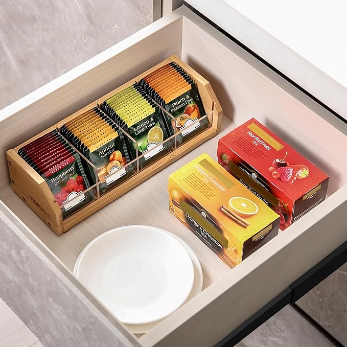 Small Bamboo Tea Bag Organizer Storage Holder for Tea Bags Wood Tea Box Containers Tea Rack Teabag Station Stand for Cabinet Countertop Office