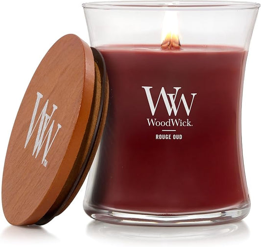 WoodWick Rouge Oud Gifts for Women and Men, 9.7 oz Medium Hourglass Candle with Crackling Wick