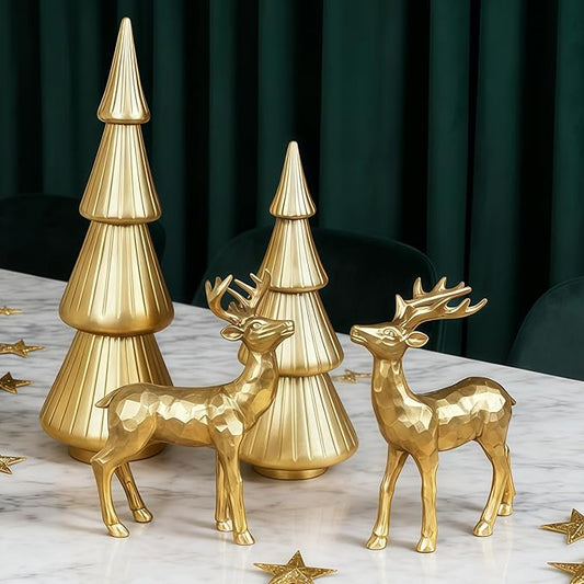 Set of 4 Christmas Table Decorations, 2 Xmas Trees & 2 Reindeer, Vintage Resin Golden Christmas Figurines for Dinner Party Supply, Tabletop Ornament Winter Mantle Fireplace Shelf Centerpieces