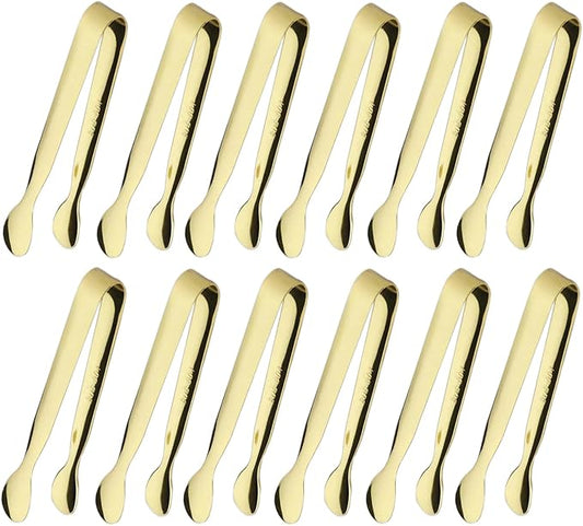 12PCS Ice Tongs Mini Sugar Tong 4.25Inch Stainless Steel Small Serving Tongs, Small Kitchen Tongs for Appetizers,Tea Party, Coffee Bar, Desserts (Gold 12pcs)