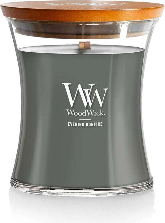 WoodWick Evening Bonfire Holiday Candle Gifts for Women and Men, 9.7 oz Medium Hourglass Candle with Crackling Wick
