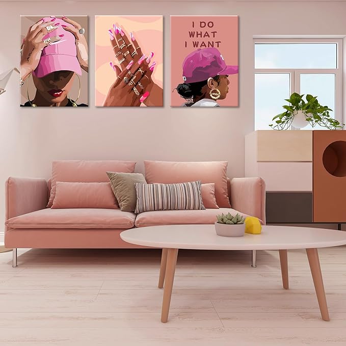 Black Girl Canvas Wall Art pink trend American Black Woman Posters Prints Wall Decor Pictures for Home Living Room Bedroom study Decoration,Framed12 x 16inches X3piece